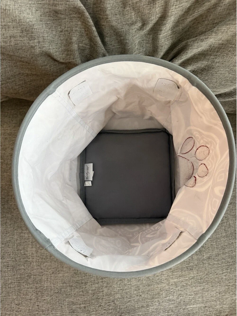 Thirty One Round Utility Storage Bin In Tan Playful Parade Red Paw Print